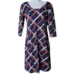 Persifor Kilpatrick Dress MED Woven Bamboo Plaid Stretch 3/4 Sleeves Scoop Neck